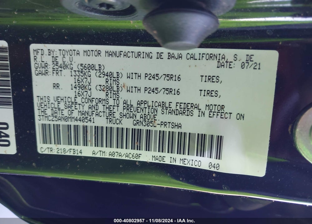 2021 TOYOTA TACOMA SR V6 VIN: 3TMCZ5AN0MM440541