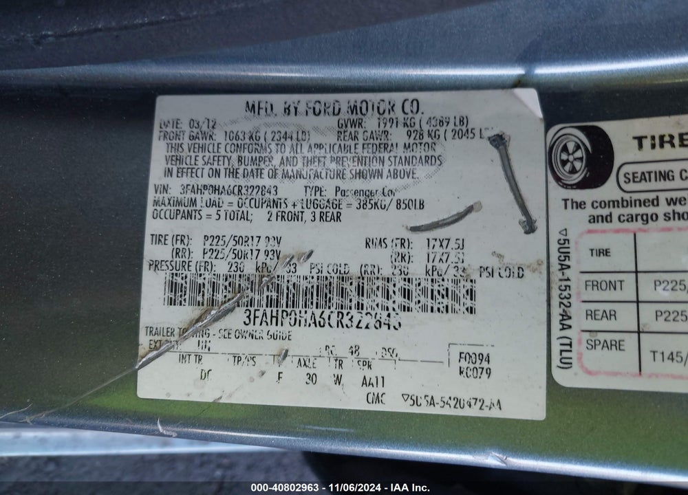 2012 FORD FUSION SE VIN: 3FAHP0HA6CR322843
