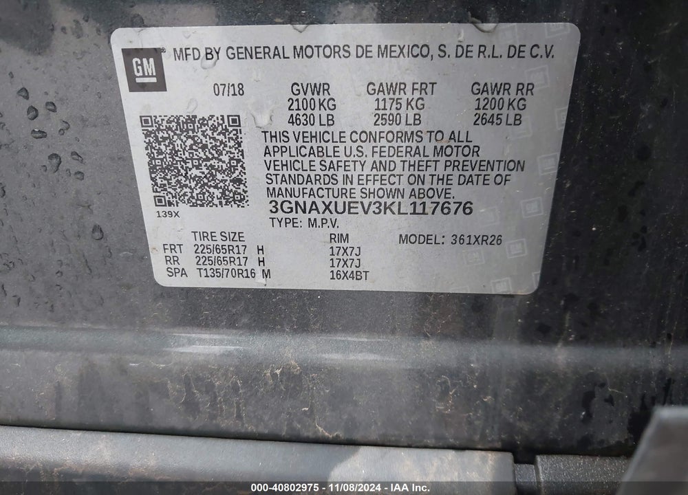 2019 CHEVROLET EQUINOX LT VIN: 3GNAXUEV3KL117676