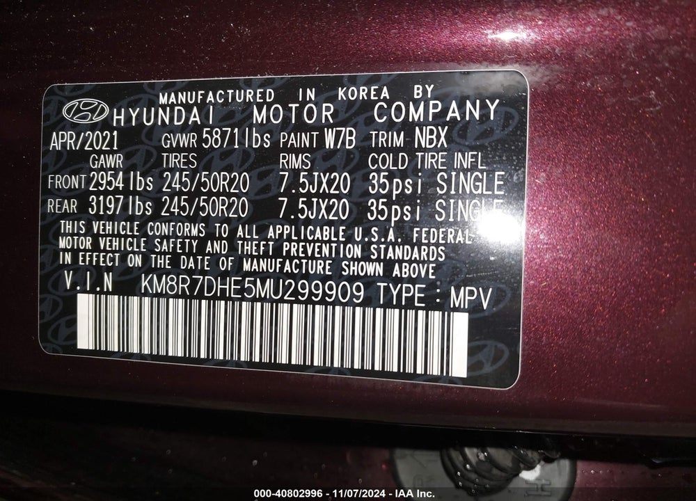 2021 HYUNDAI PALISADE CALLIGRAPHY VIN: KM8R7DHE5MU299909