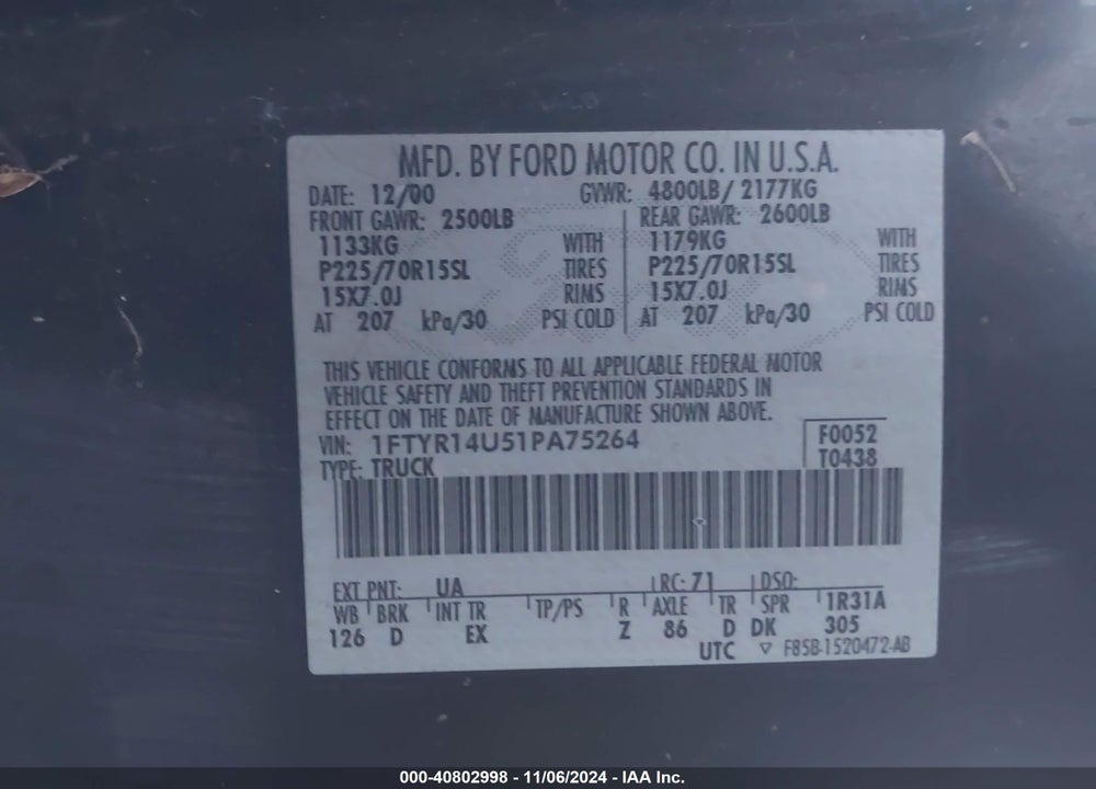 2001 FORD RANGER EDGE/XL/XLT VIN: 1FTYR14U51PA75264