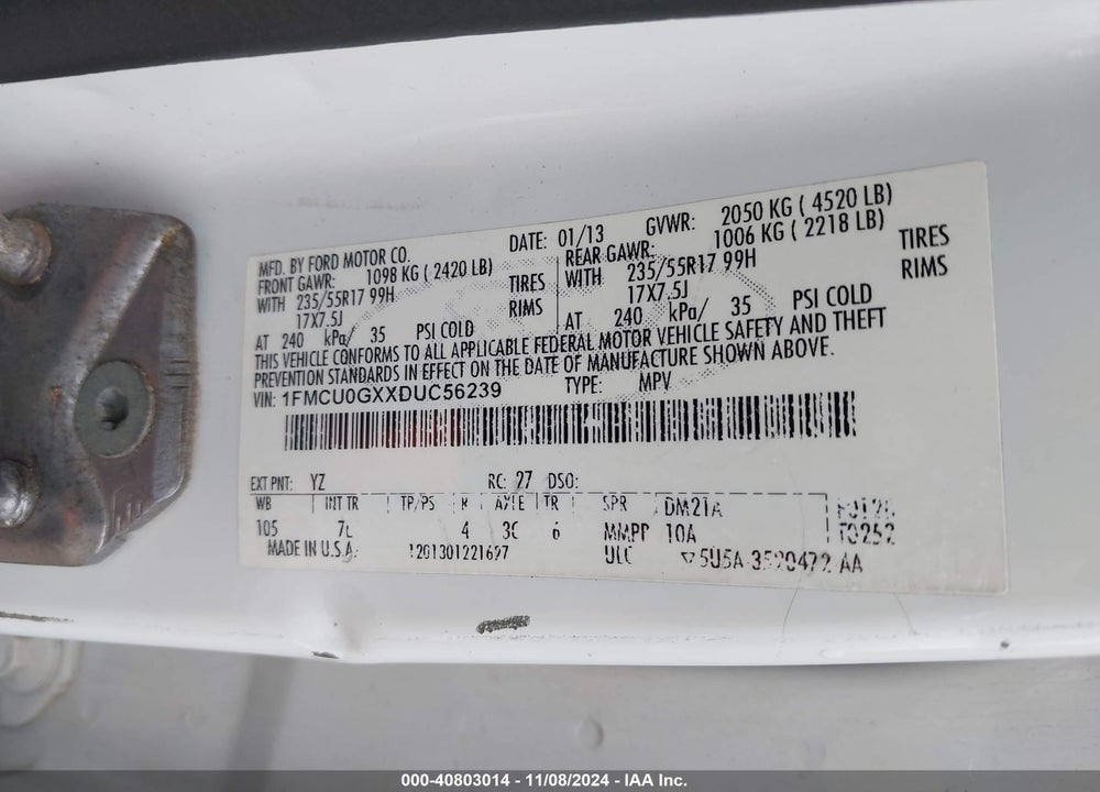 2013 FORD ESCAPE SE VIN: 1FMCU0GXXDUC56239