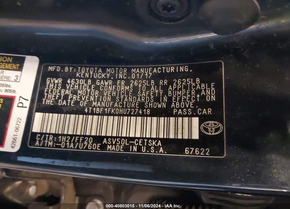 2017 TOYOTA CAMRY SE VIN: 4T1BF1FK0HU727418