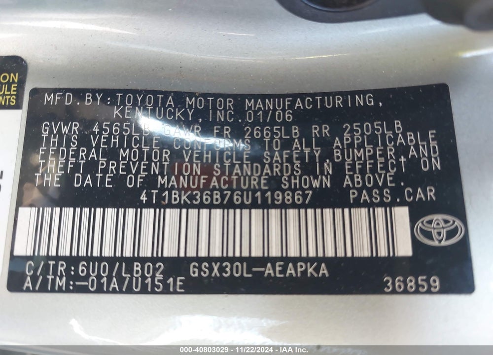 2006 TOYOTA AVALON LIMITED VIN: 4T1BK36B76U119867