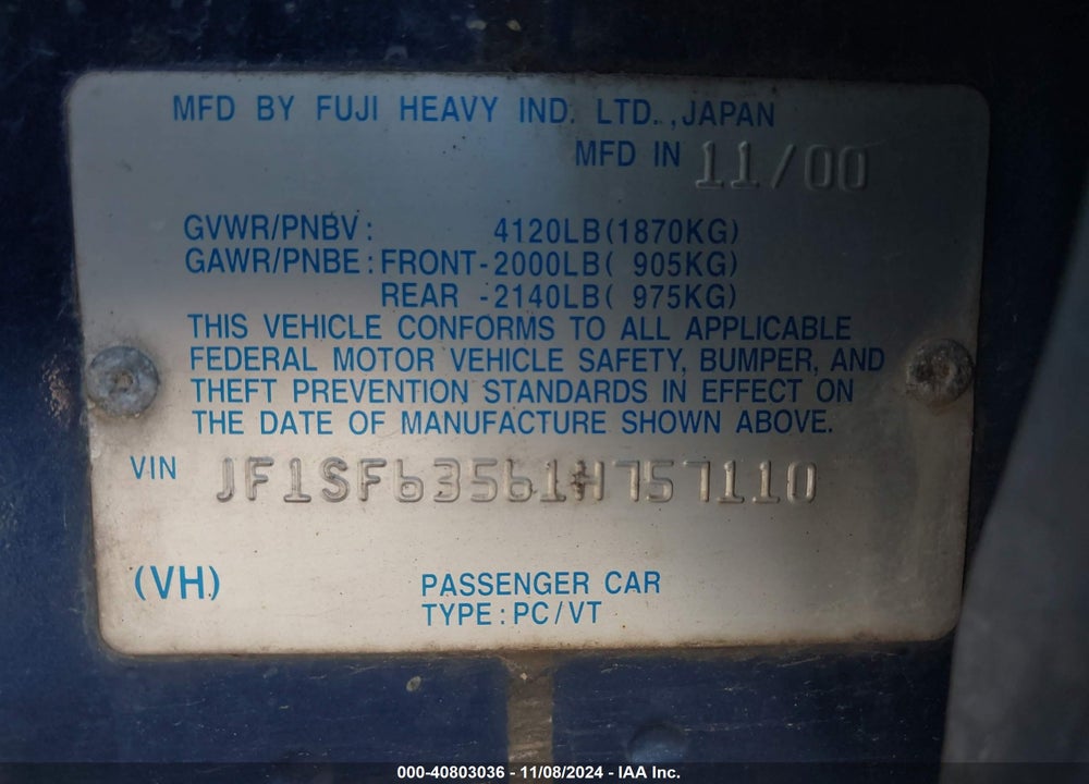 2001 SUBARU FORESTER L VIN: JF1SF63561H757110