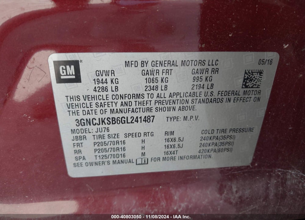 2016 CHEVROLET TRAX 1LS VIN: 3GNCJKSB6GL241487