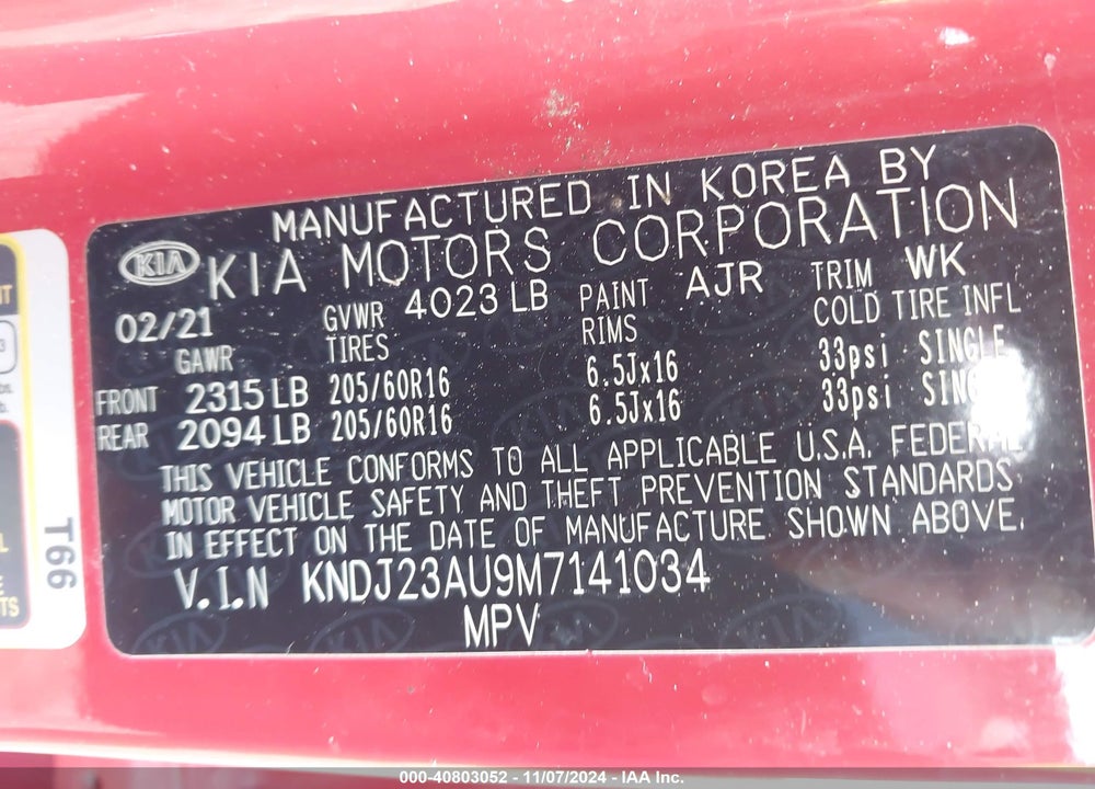2021 KIA SOUL !/+/S VIN: KNDJ23AU9M7141034
