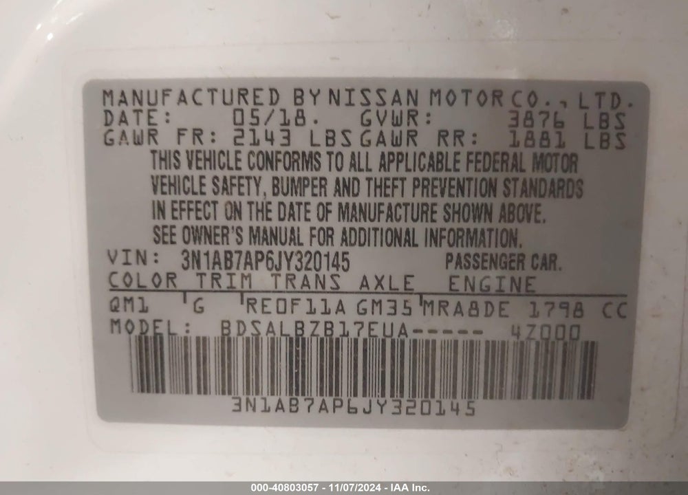 2018 NISSAN SENTRA S VIN: 3N1AB7AP6JY320145