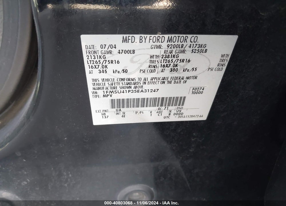 2005 FORD EXCURSION XLS/XLT VIN: 1FMSU41P35EA31247