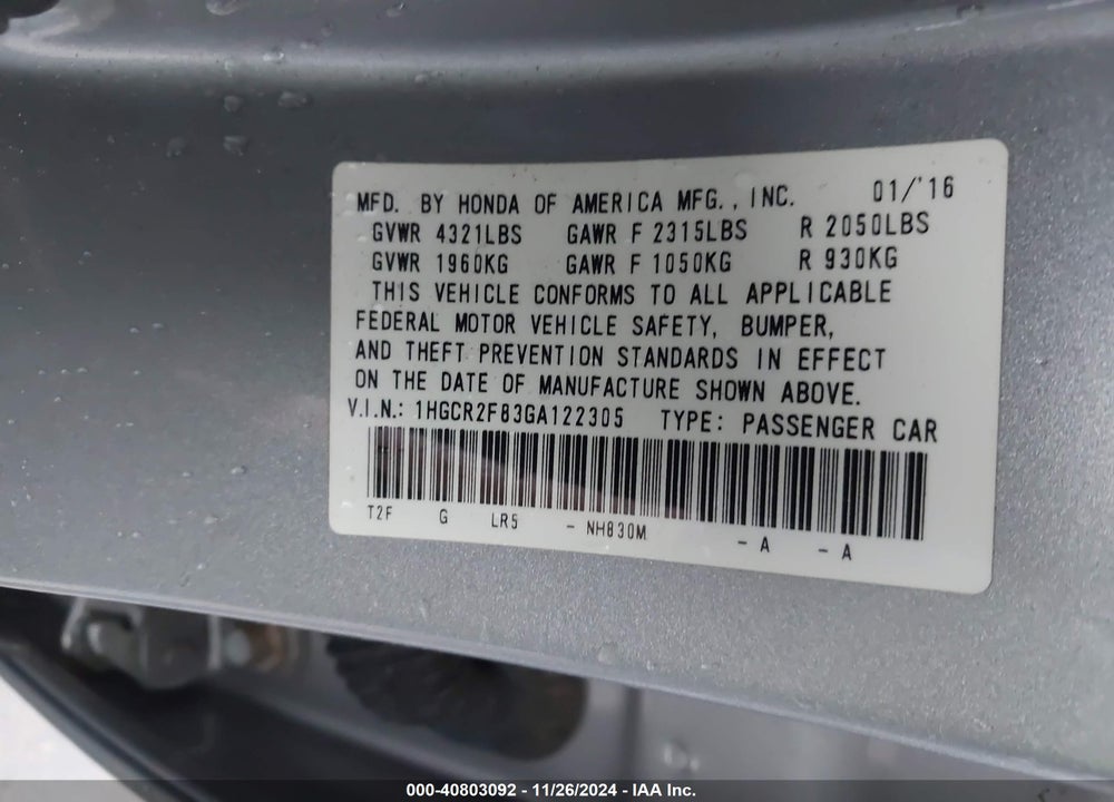 2016 HONDA ACCORD EX-L VIN: 1HGCR2F83GA122305