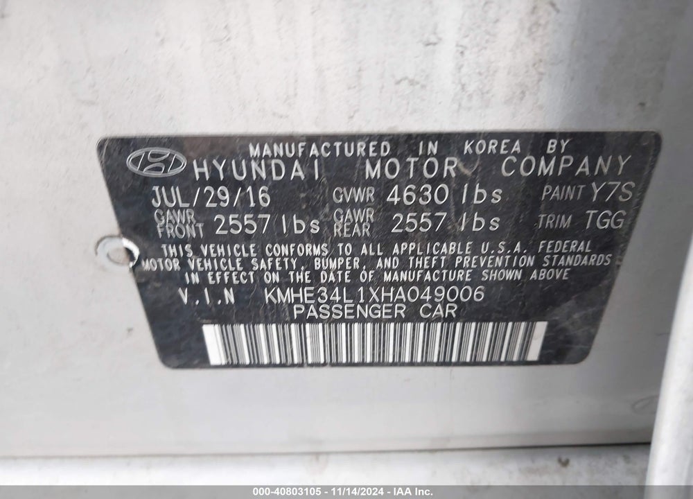 2017 HYUNDAI SONATA HYBRID LIMITED VIN: KMHE34L1XHA049006