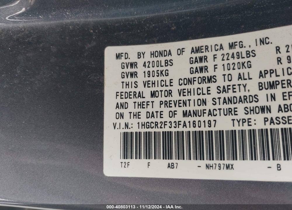 2015 HONDA ACCORD LX VIN: 1HGCR2F33FA160197