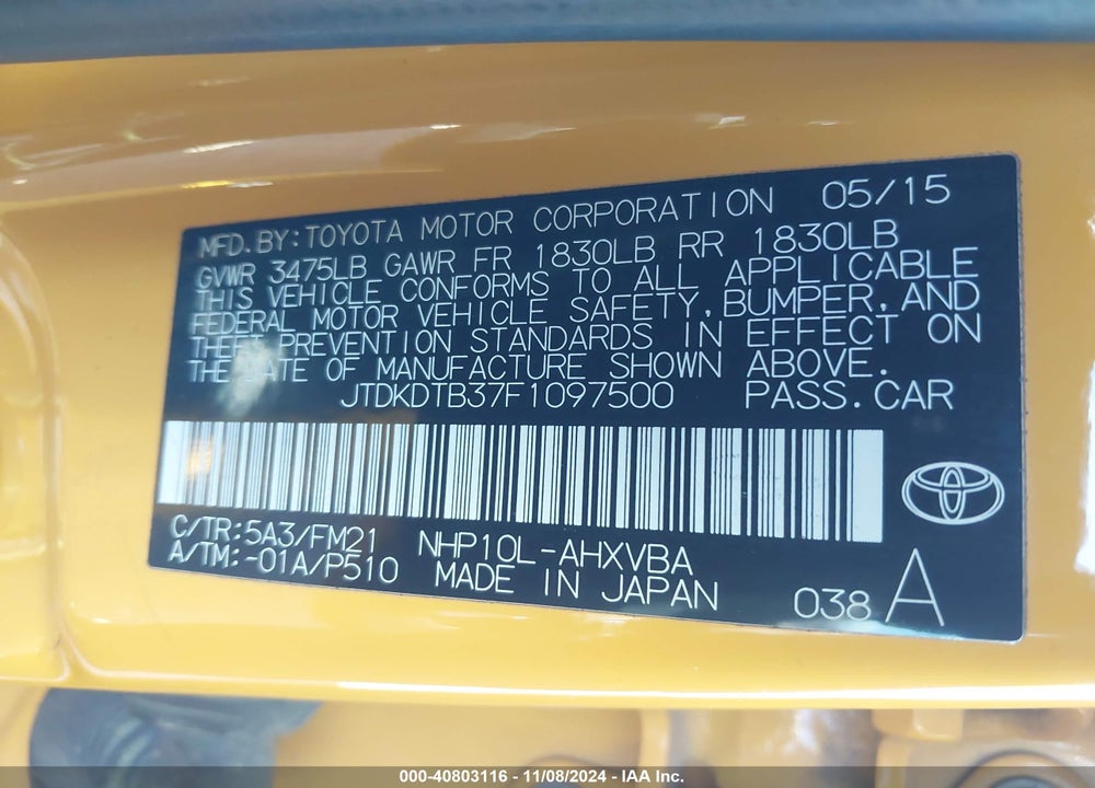 2015 TOYOTA PRIUS C TWO VIN: JTDKDTB37F1097500