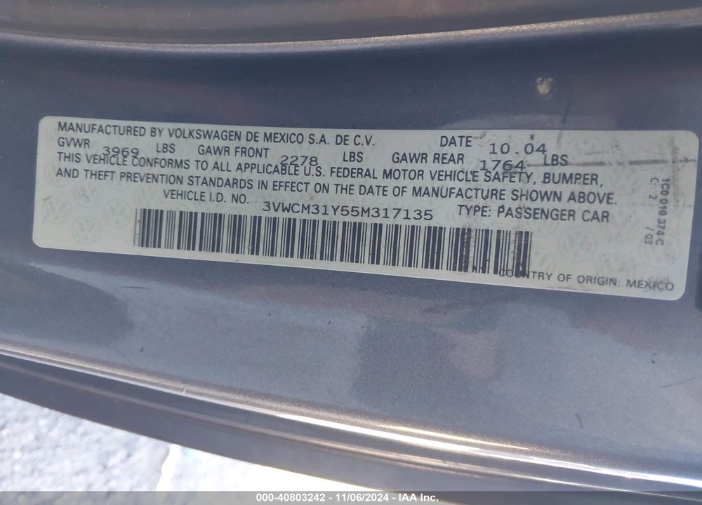 2005 VOLKSWAGEN NEW BEETLE GLS VIN: 3VWCM31Y55M317135