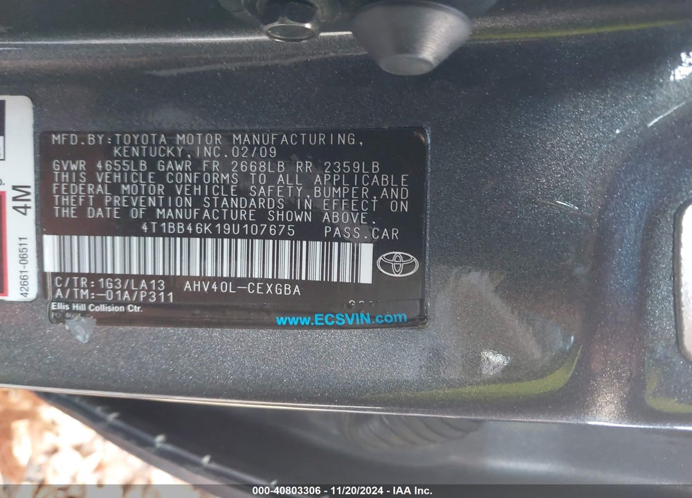 2009 TOYOTA CAMRY HYBRID VIN: 4T1BB46K19U107675