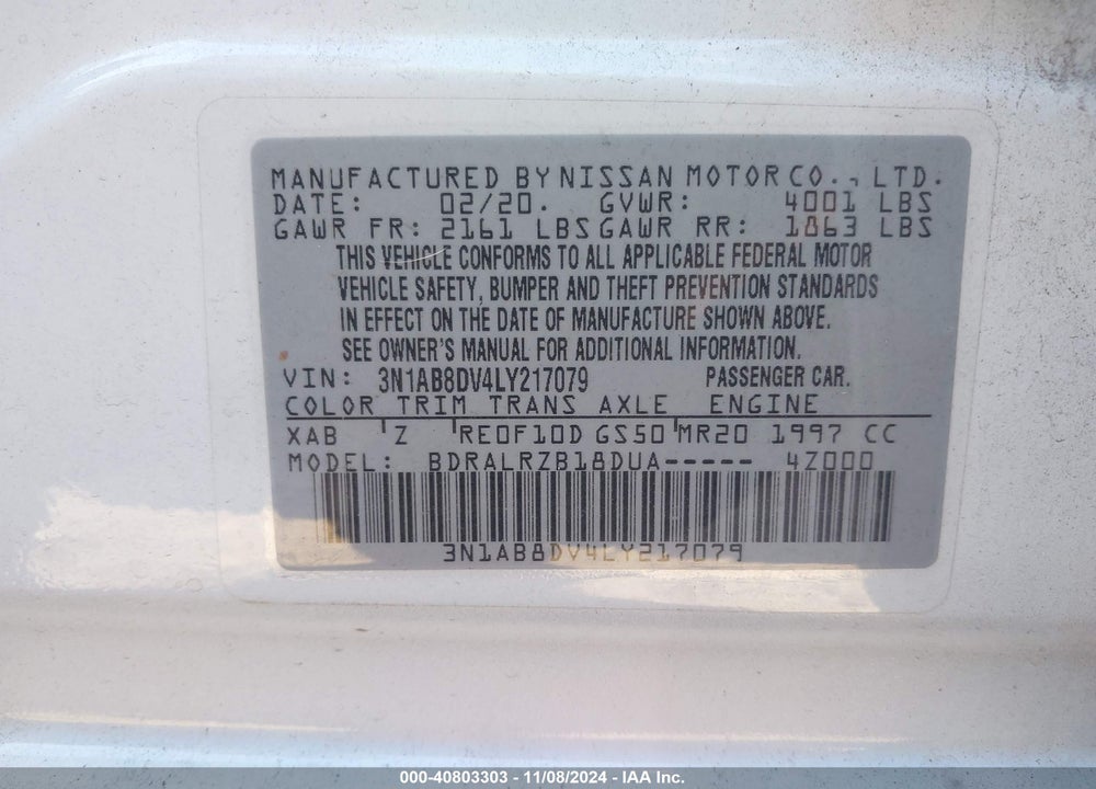 2020 NISSAN SENTRA SR XTRONIC CVT VIN: 3N1AB8DV4LY217079
