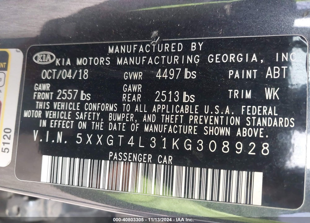 2019 KIA OPTIMA VIN: 5XXGT4L31KG308928