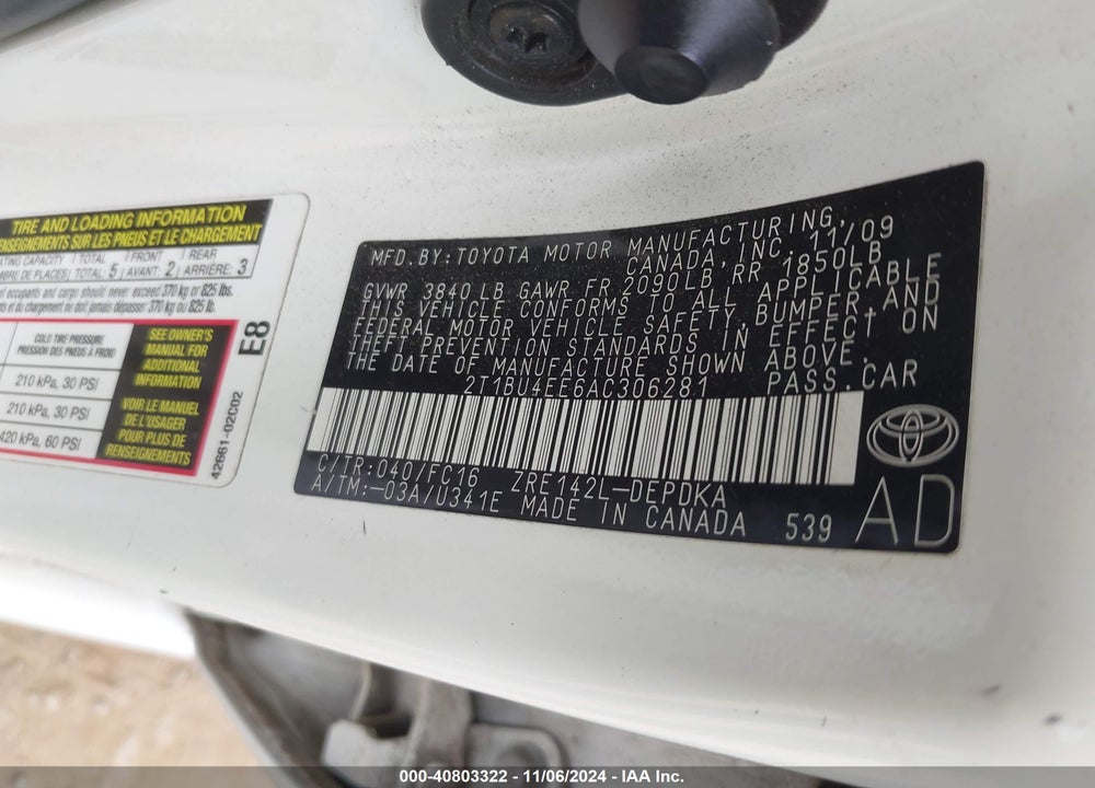 2010 TOYOTA COROLLA LE VIN: 2T1BU4EE6AC306281
