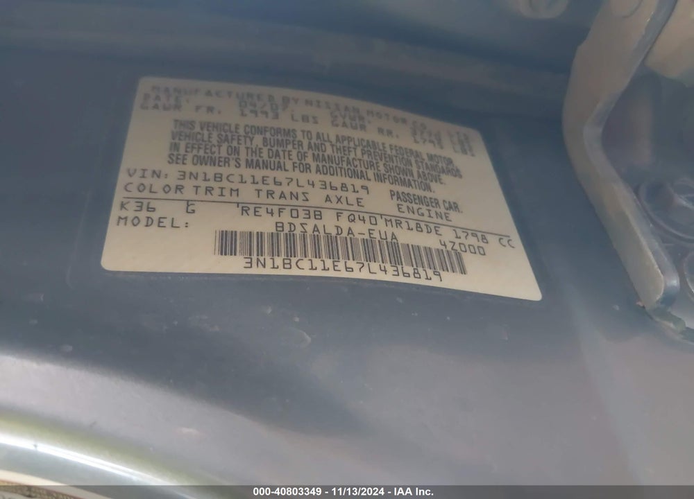 2007 NISSAN VERSA 1.8S VIN: 3N1BC11E67L436819