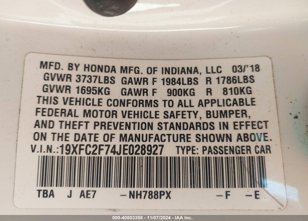 2018 HONDA CIVIC EX VIN: 19XFC2F74JE028927