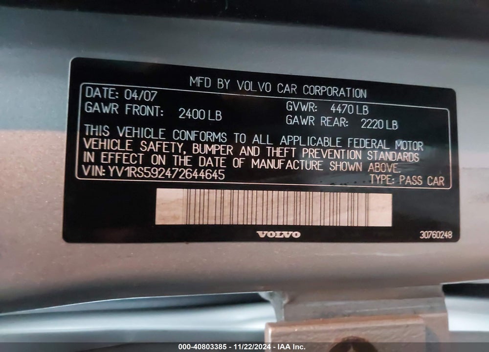 2007 VOLVO S60 2.5T VIN: YV1RS592472644645