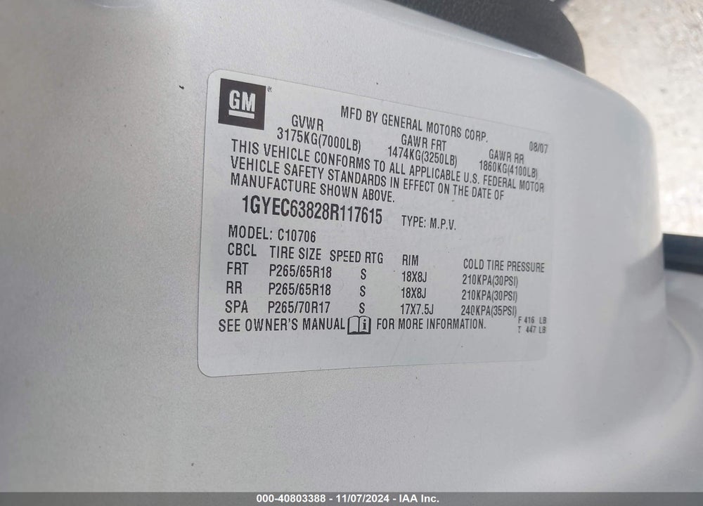 2008 CADILLAC ESCALADE STANDARD VIN: 1GYEC63828R117615