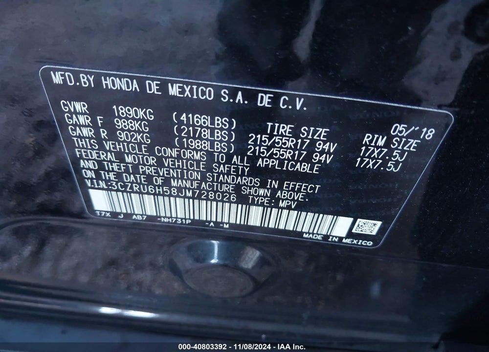 2018 HONDA HR-V EX VIN: 3CZRU6H58JM728026