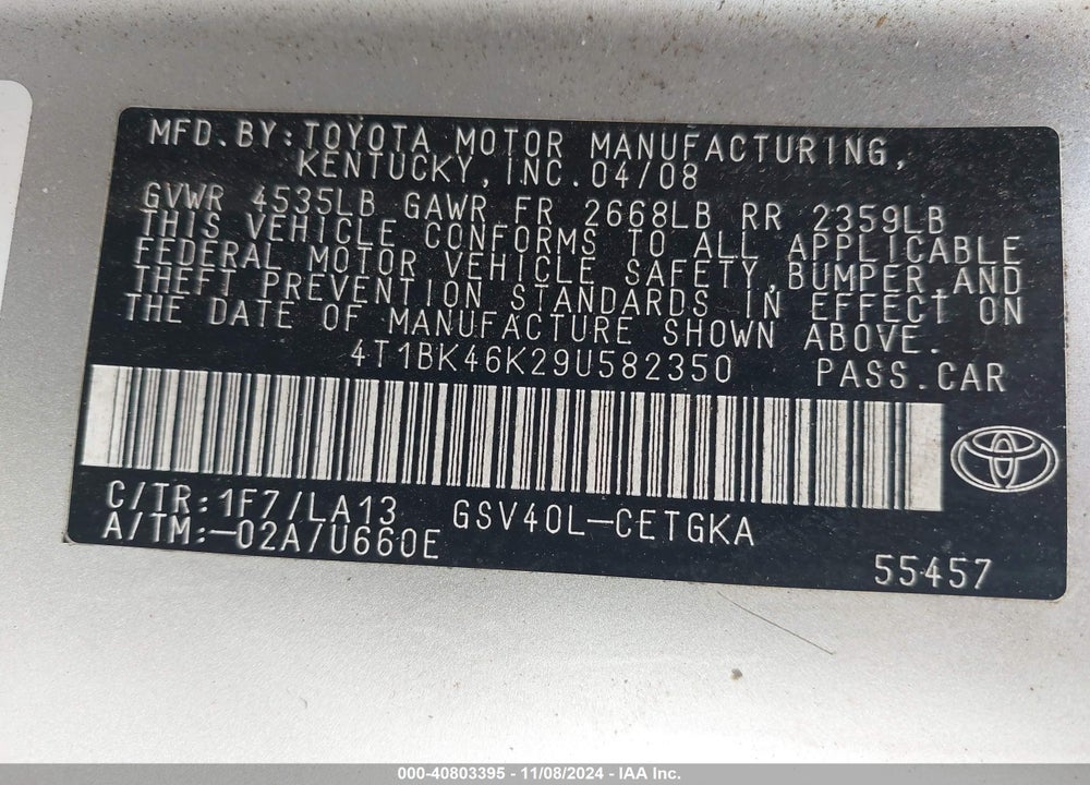 2009 TOYOTA CAMRY XLE V6 VIN: 4T1BK46K29U582350
