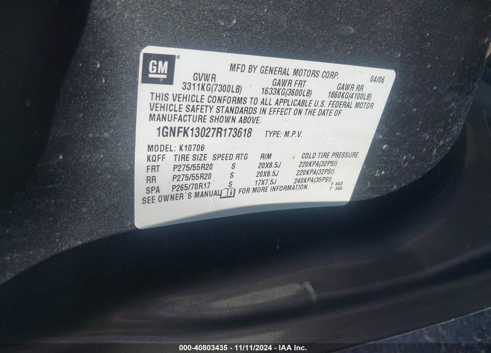 2007 CHEVROLET TAHOE LTZ VIN: 1GNFK13027R173618