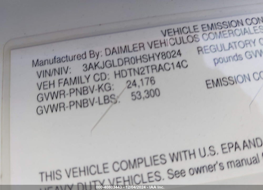 2017 FREIGHTLINER CASCADIA 125 VIN: 3AKJGLDR0HSHY8024