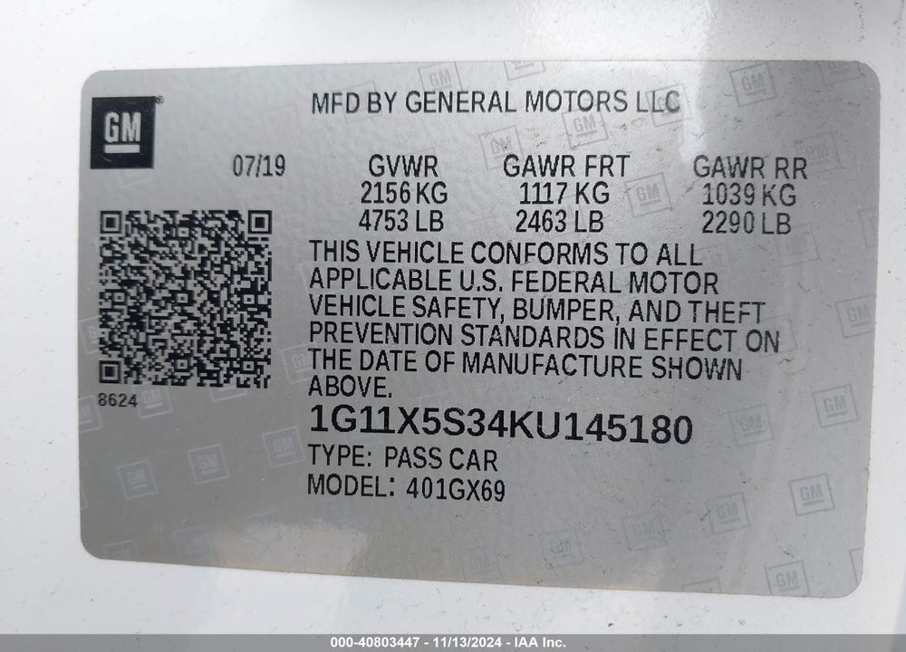 2019 CHEVROLET IMPALA LS VIN: 1G11X5S34KU145180