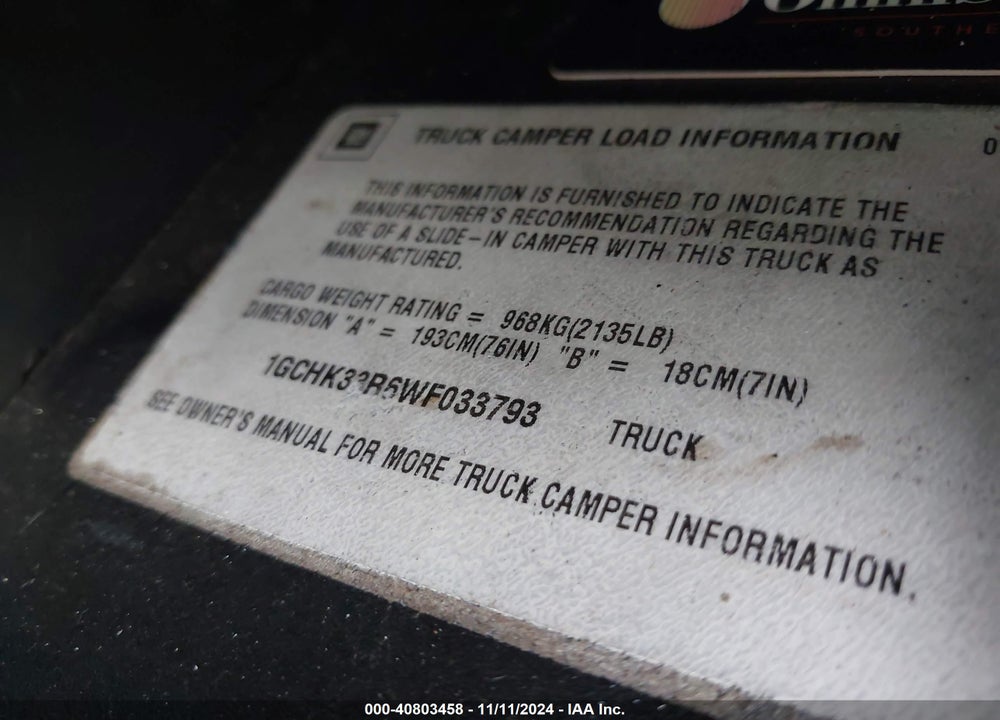 1998 CHEVROLET K3500 VIN: 1GCHK33R6WF033793