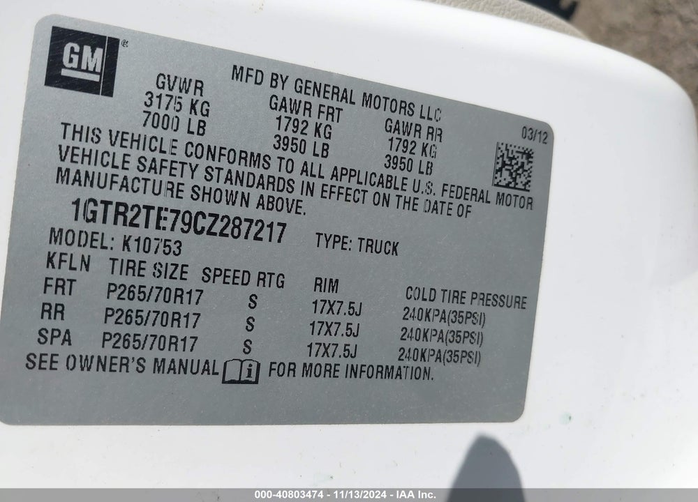 2012 GMC SIERRA 1500 WORK TRUCK VIN: 1GTR2TE79CZ287217