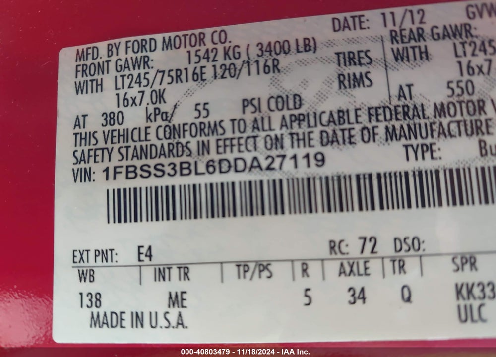 2013 FORD E-350 SUPER DUTY XLT VIN: 1FBSS3BL6DDA27119