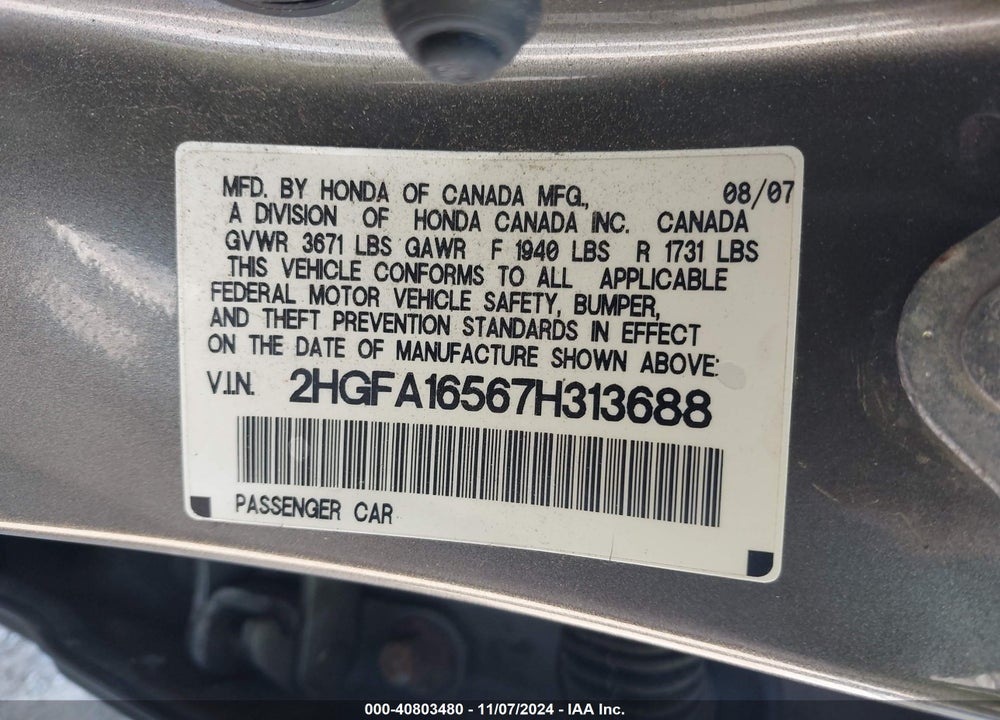 2007 HONDA CIVIC LX VIN: 2HGFA16567H313688