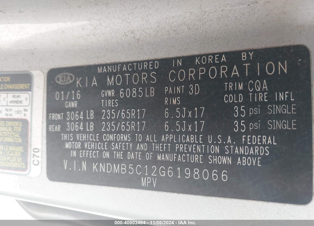 2016 KIA SEDONA LX VIN: KNDMB5C12G6198066