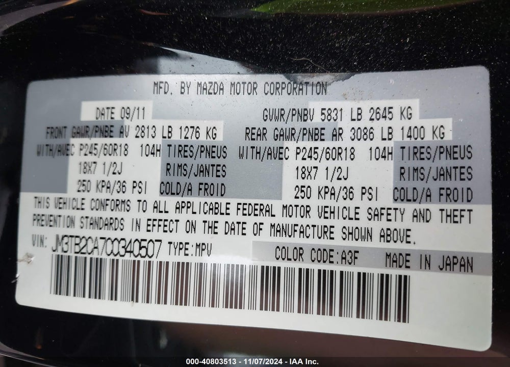 2012 MAZDA CX-9 TOURING VIN: JM3TB2CA7C0340507
