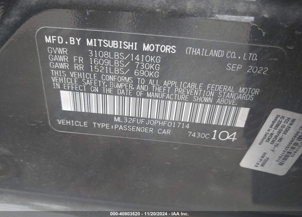 2023 MITSUBISHI MIRAGE G4 BLACK EDITION/ES/LE VIN: ML32FUFJ0PHF01714