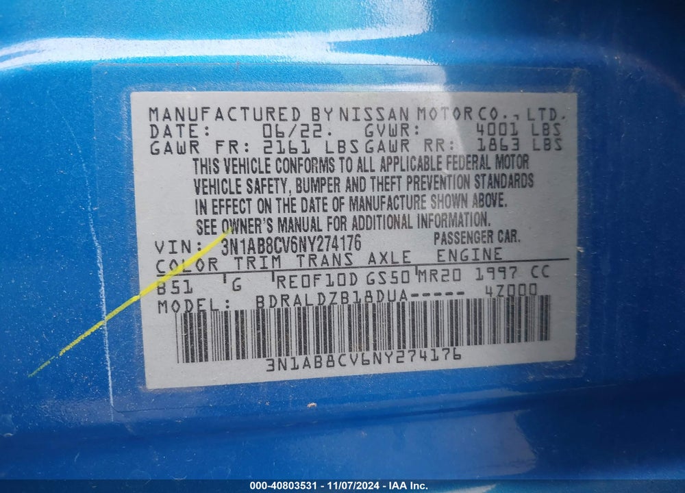 2022 NISSAN SENTRA VIN: 3N1AB8CV6NY274176