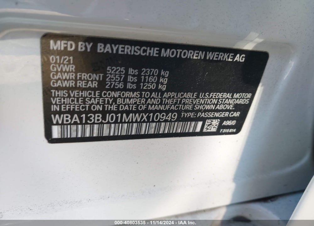 2021 BMW 530I XDRIVE VIN: WBA13BJ01MWX10949