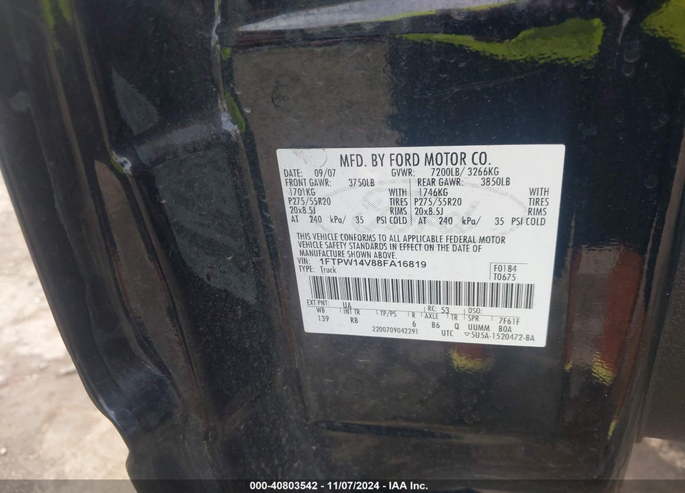 2008 FORD F-150 60TH ANNIVERSARY/FX4/KING RANCH/LARIAT/XLT VIN: 1FTPW14V88FA16819