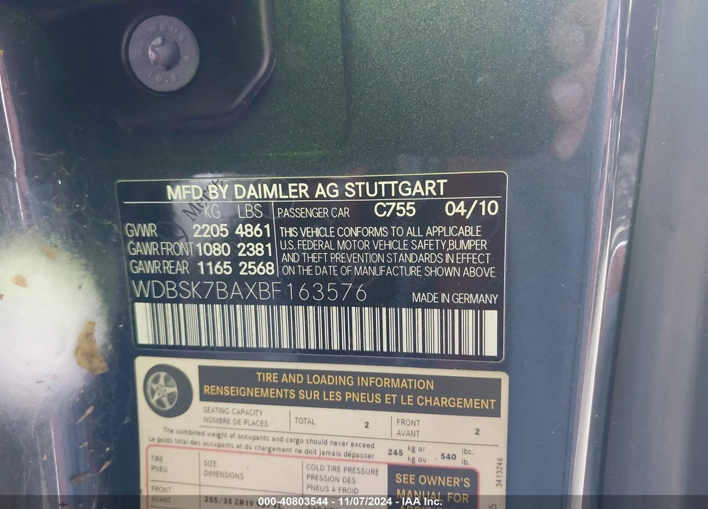 2011 MERCEDES-BENZ SL 550 VIN: WDBSK7BAXBF163576