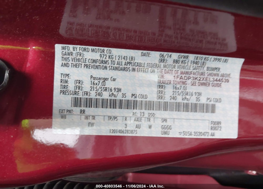2014 FORD FOCUS SE VIN: 1FADP3K2XEL344539
