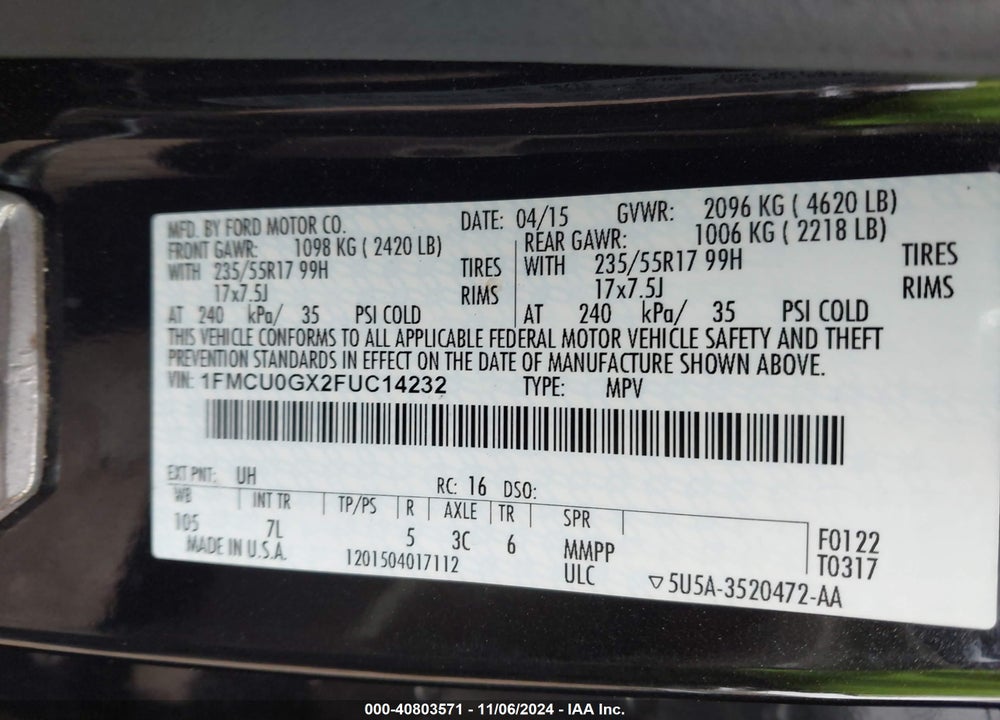 2015 FORD ESCAPE SE VIN: 1FMCU0GX2FUC14232