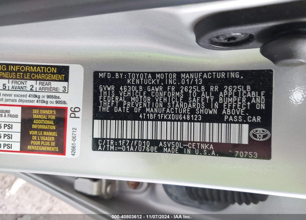 2013 TOYOTA CAMRY LE VIN: 4T1BF1FKXDU648123