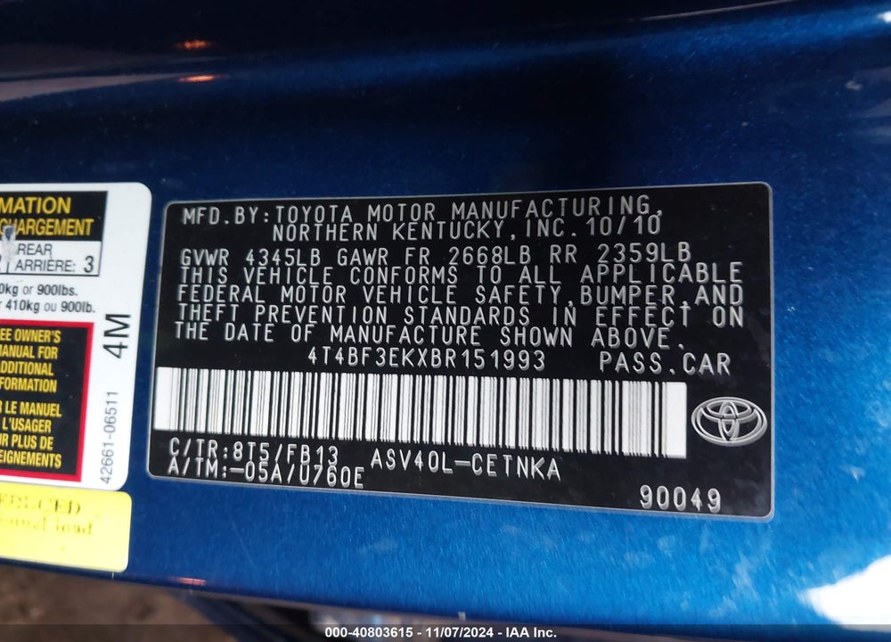 2011 TOYOTA CAMRY LE VIN: 4T4BF3EKXBR151993