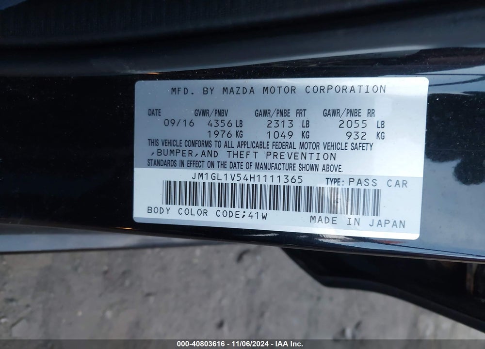 2017 MAZDA 6 TOURING VIN: JM1GL1V54H1111365