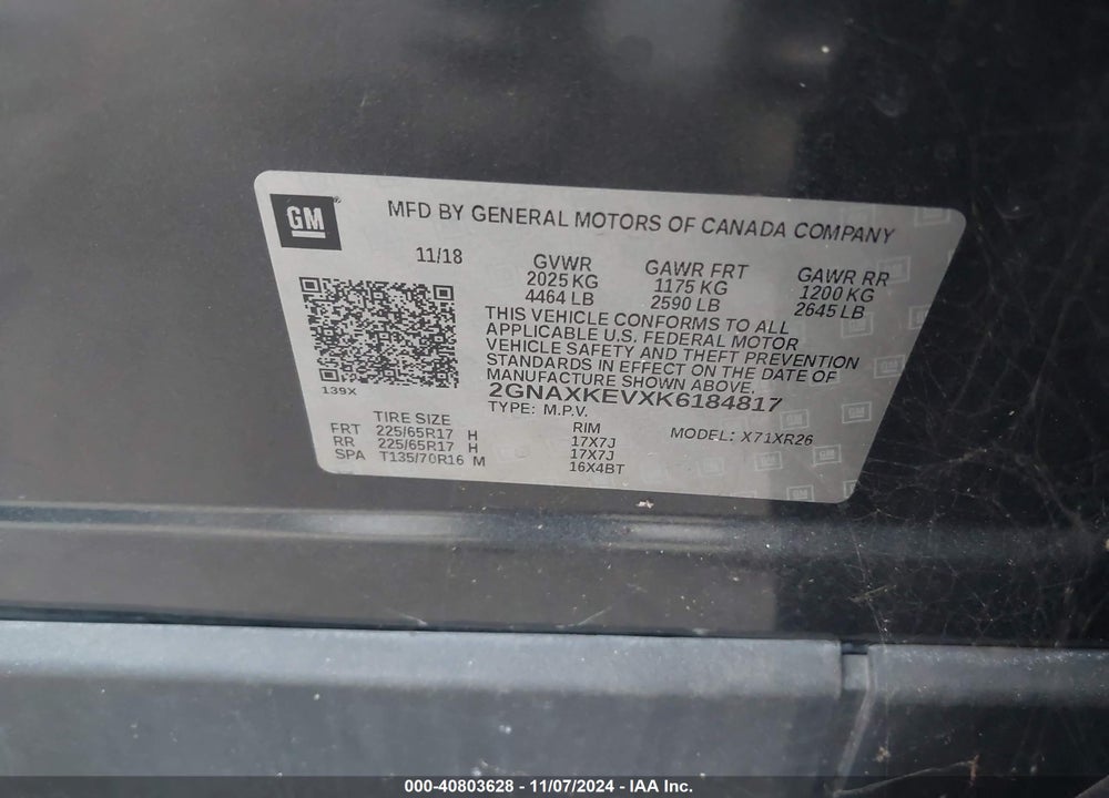 2019 CHEVROLET EQUINOX LT VIN: 2GNAXKEVXK6184817