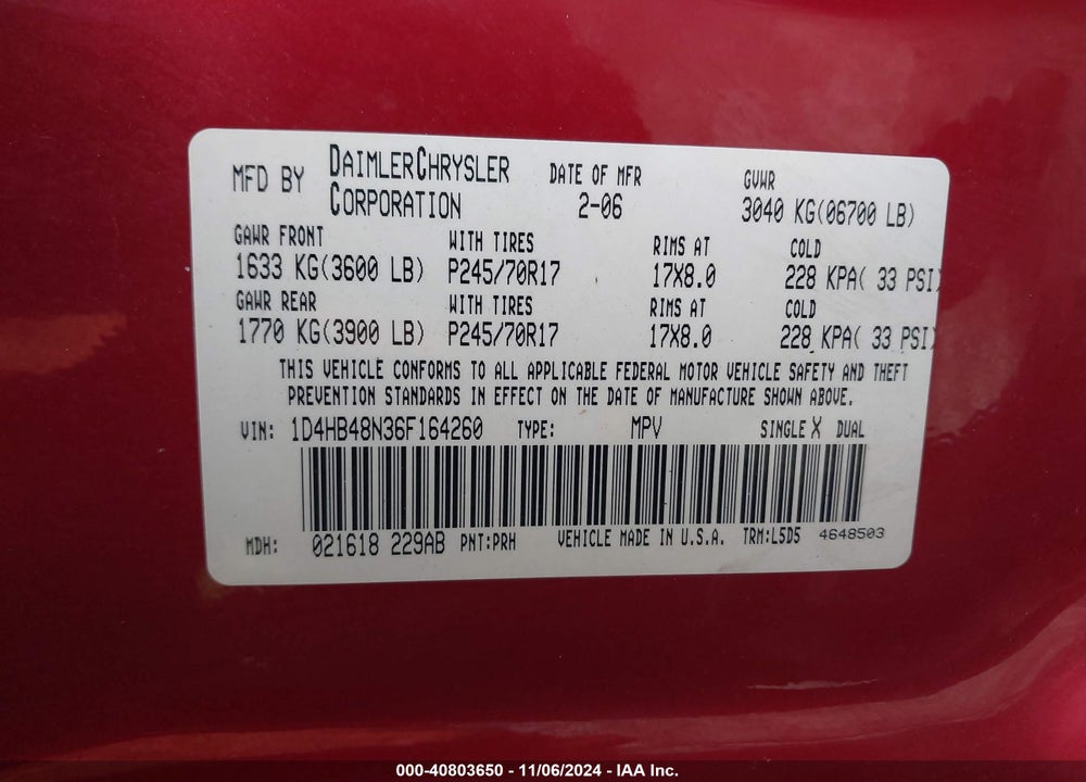 2006 DODGE DURANGO VIN: 1D4HB48N36F164260