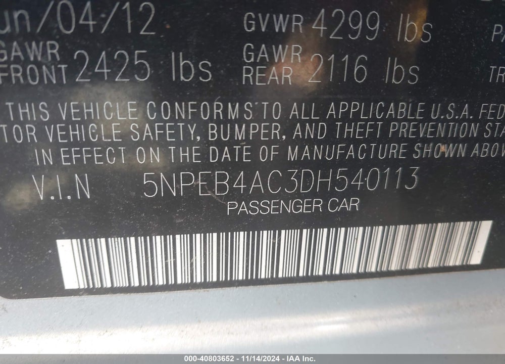 2013 HYUNDAI SONATA GLS VIN: 5NPEB4AC3DH540113